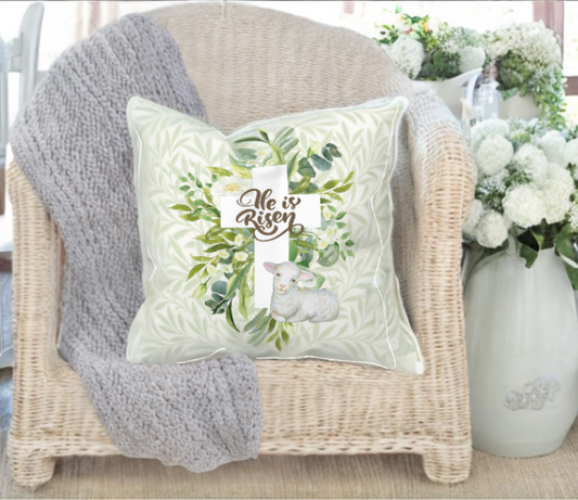 Outdoor 'He Is Risen' Easter Lamb Accent Pillow - Reversible Green Eucalyptus/Floral