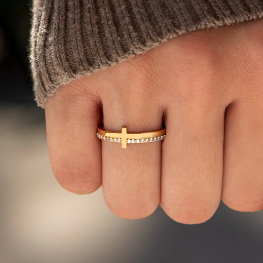 Christian Cross 925 Sterling Silver 18k Gold Plated Gemstone Ring - Gloria Dios Designs