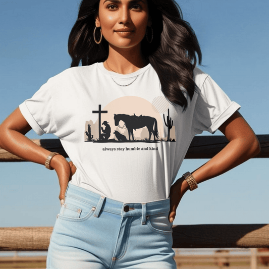 Ladies 'Always Stay Humble and Kind' Country/Western Style Horse Lovers T-shirt - Cowboy Cross - Gloria Dios Designs