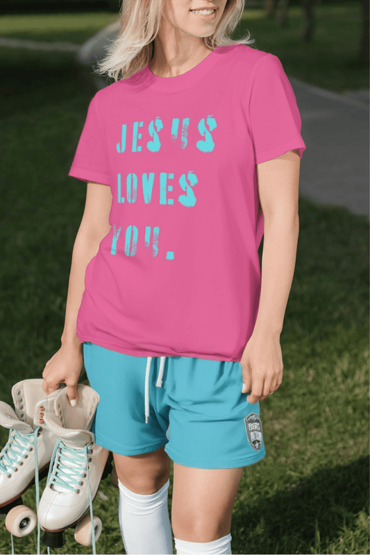 Ladies 'Jesus Loves You' Bright Neon Summer Christian T-Shirt - (Pink, Purple, Blue) - Gloria Dios Designs