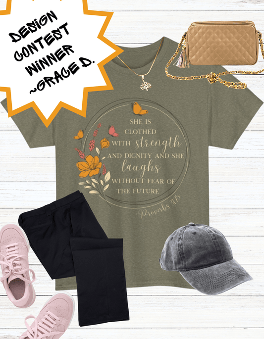 Ladies Proverbs 31:25 Floral/Butterflies Cotton Comfort Tee - Olive - Gloria Dios Designs