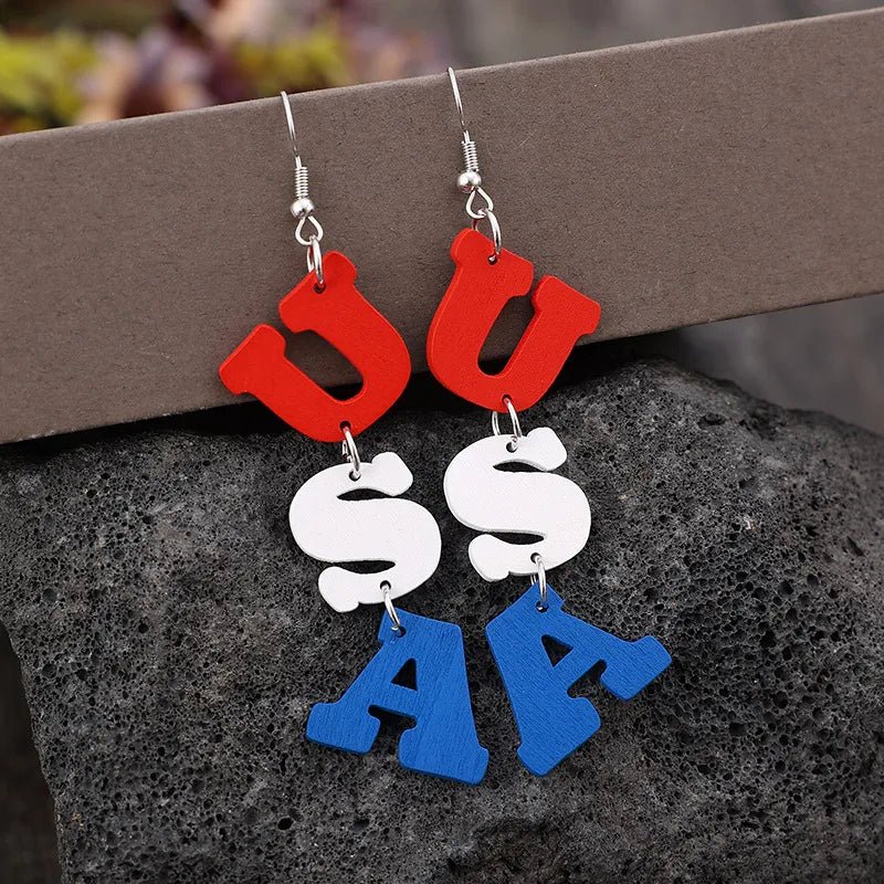 Ladies Red, White and Blue USA Patriotic Wooden Letter Dangle Earrings (CLEARANCE) - Gloria Dios Designs