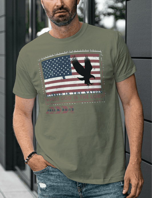Men's American Flag "Blessed is the Nation" Patriotic Eagle Grunge Graphic Cotton Tee - Gloria Dios Designs