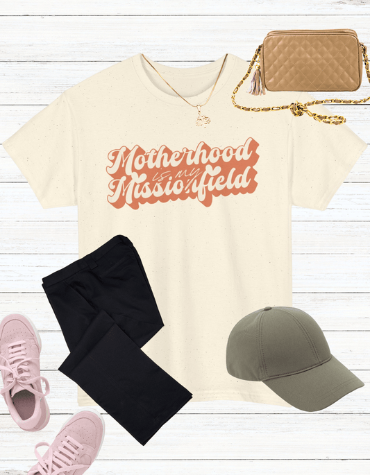 'Motherhood is my Missionfield' Natural 100% Cotton T-Shirt - (Burnt Orange) - Gloria Dios Designs