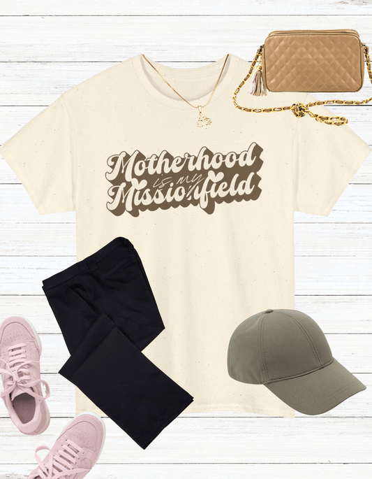 'Motherhood is my Missionfield' Natural 100% Cotton T-Shirt - (Coffee) - Gloria Dios Designs