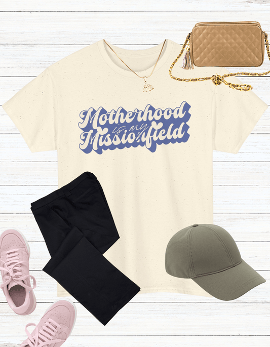 'Motherhood is my Missionfield' Natural 100% Cotton T-Shirt - (Cool Blue) - Gloria Dios Designs