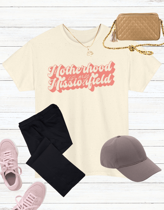 'Motherhood is my Missionfield' Natural 100% Cotton T-Shirt - (Coral) - Gloria Dios Designs