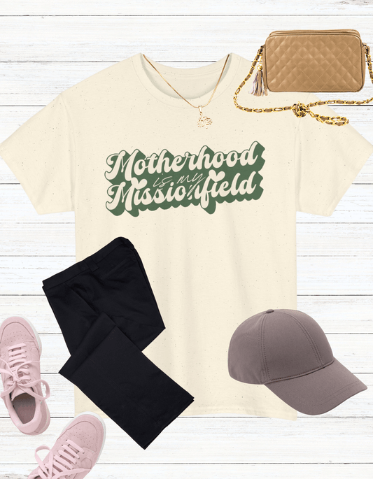 'Motherhood is my Missionfield' Natural 100% Cotton T-Shirt - (Pine) - Gloria Dios Designs