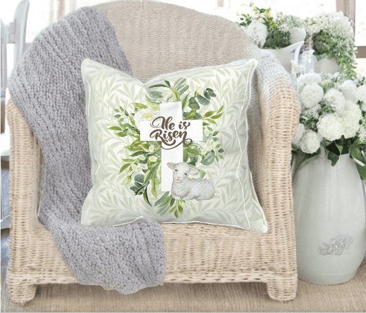 Outdoor 'He Is Risen' Easter Lamb Accent Pillow - Reversible Green Eucalyptus/Floral - Gloria Dios Designs
