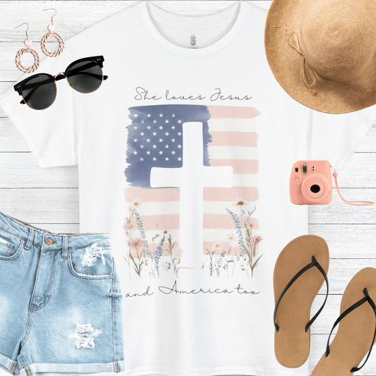 'She Loves Jesus and America Too' Ladies American Wildflower Cotton Tee (CLEARANCE) - Gloria Dios Designs